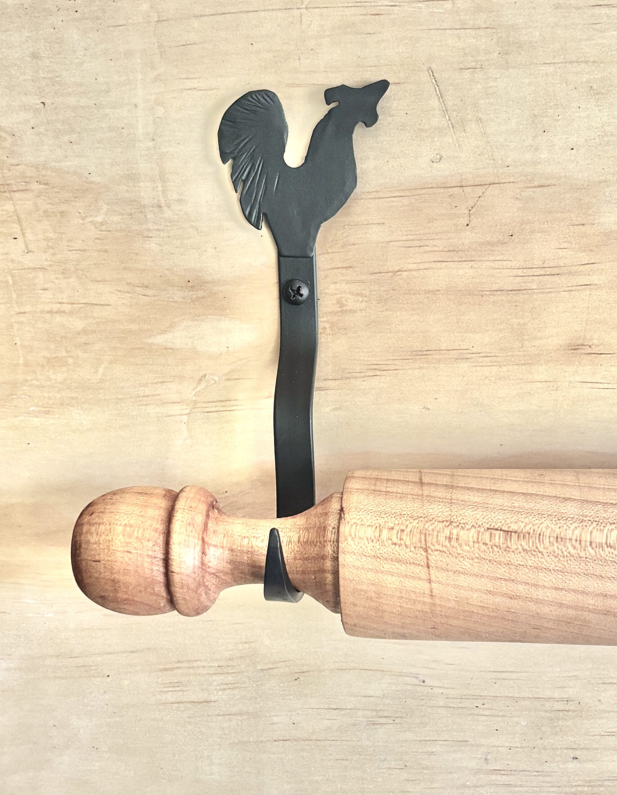 Rolling Pin Wall Display Hooks | Folk Art Inspired Tops | Rooster Starter Pair Hooks - Image 3