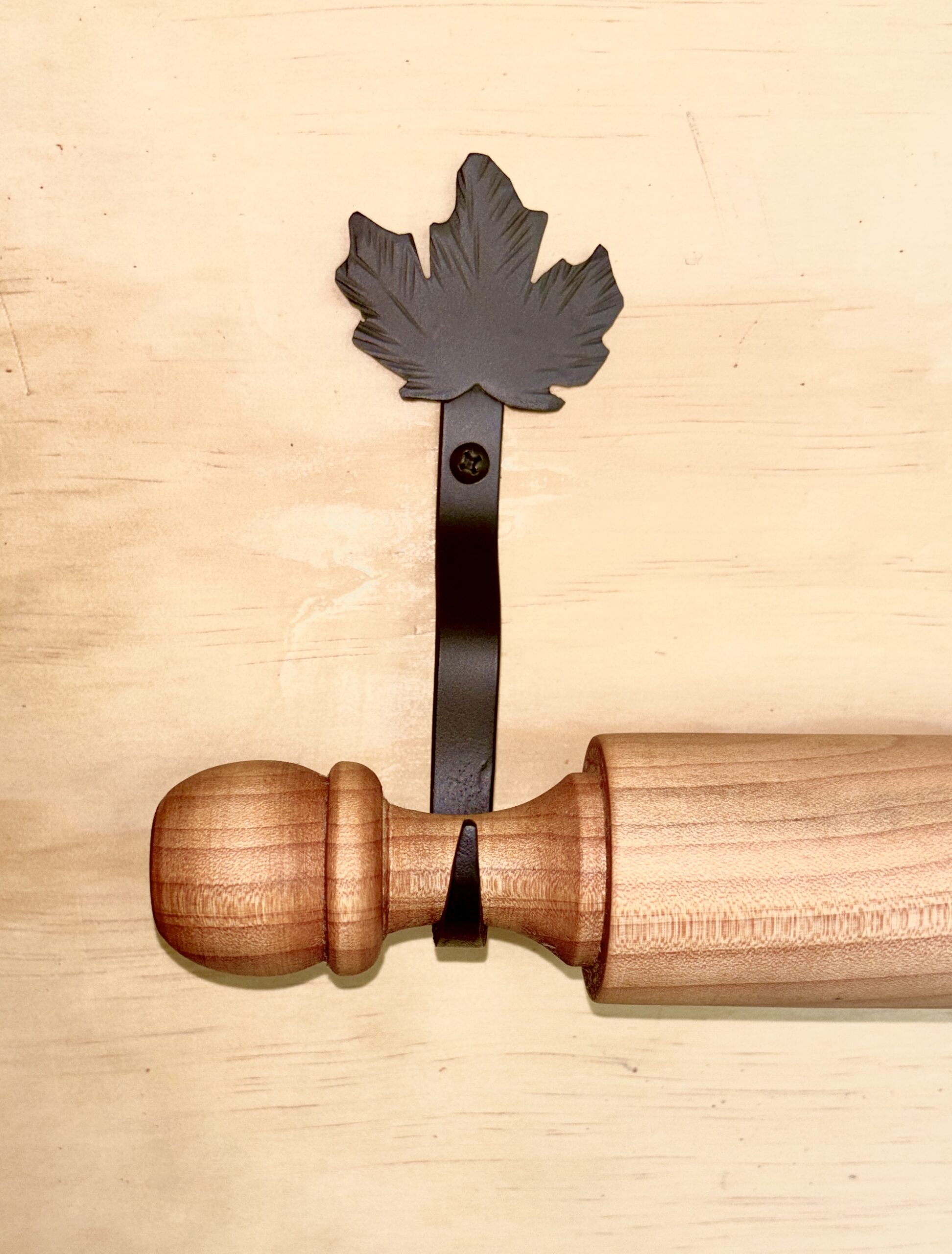 Rolling Pin Wall Display Hooks | Folk Art Inspired Tops | Maple Leaf Starter Pair Hooks - Image 2